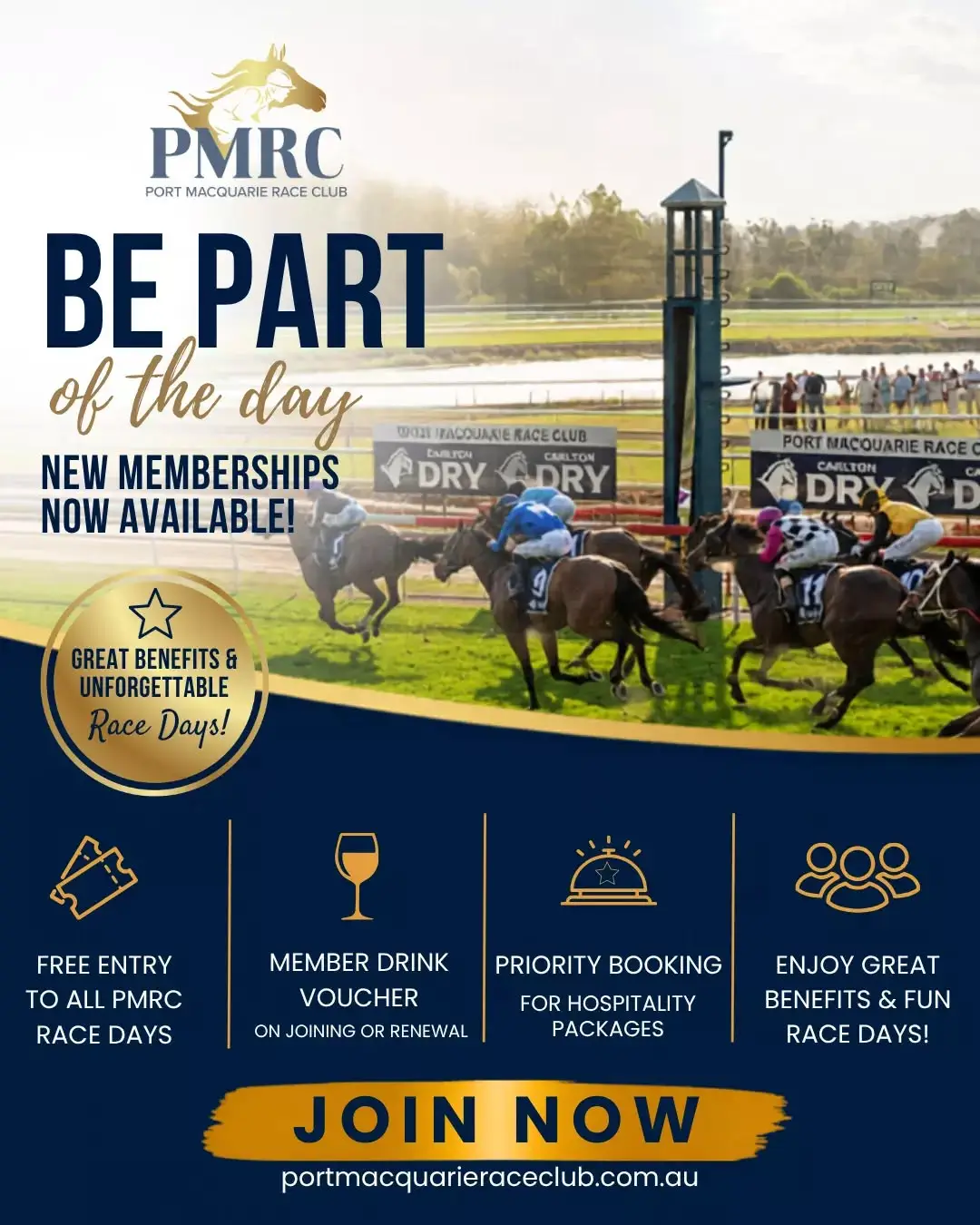 🏇 Become a PMRC Member This Racing Season 🍻

Enjoy more race days, more benefits and more value with a PMRC Standard Membership for just $80.

Your membership includes:

✔ Free entry to all PMRC race days
✔ Drink voucher on joining or renewal
✔ 10% discount on drinks
✔ Free race book on race days
✔ Priority booking access for hospitality packages
✔ Reciprocal rights at selected race clubs
✔ Access to member areas where available

Whether you’re a regular racegoer or love a great social day out, PMRC membership is the best way to experience the season trackside.

#PMRC #PortMacquarieRaceClub #CountryRacing #HorseRacing #RaceDay