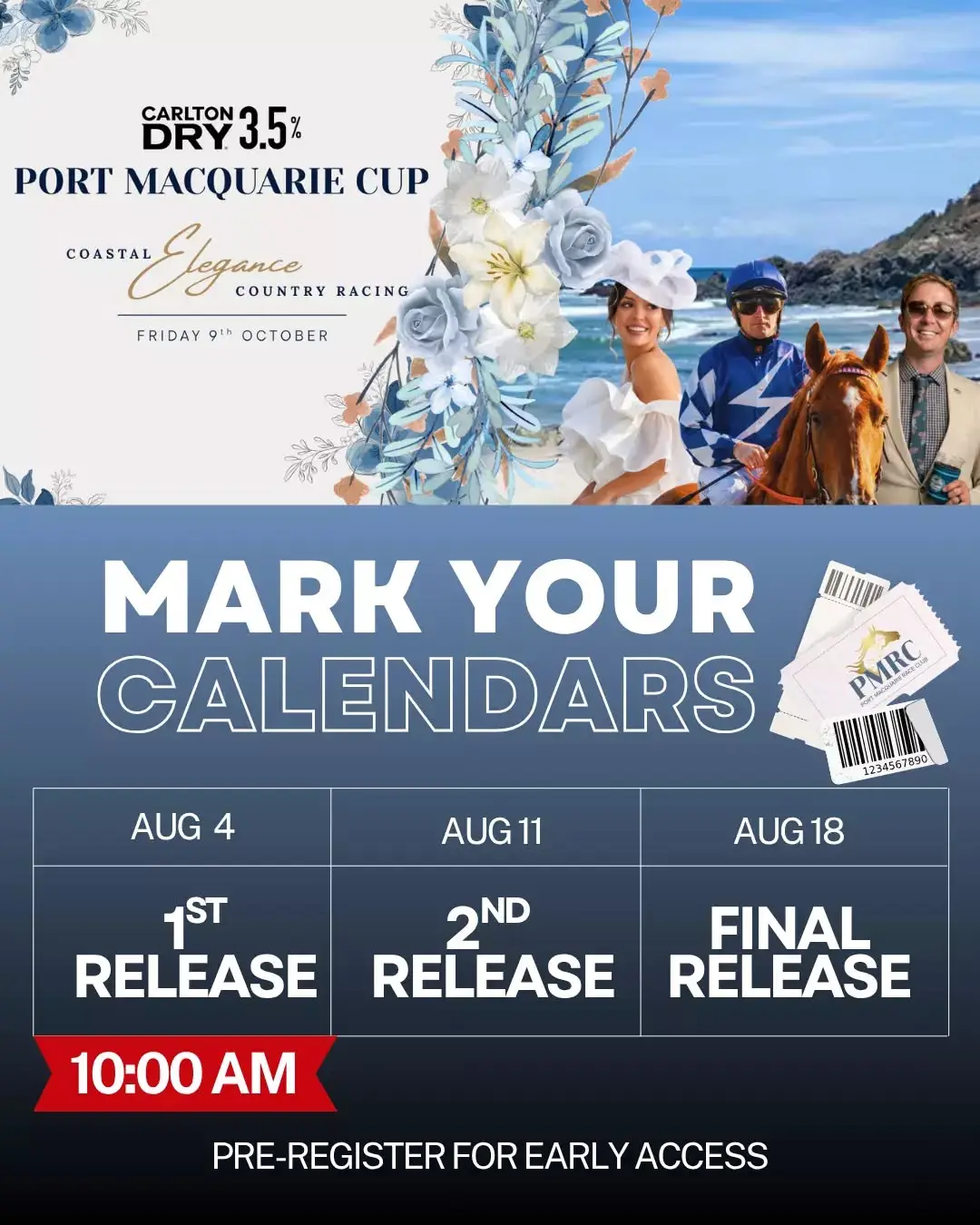 🎟️ PRE-REGISTER FOR FIRST ACCESS

Pre-register today for guaranteed first access to First Release tickets for the 2026 Carlton Dry 3.5 Port Macquarie Cup.
📅 Friday 9 October
👇 Pre-register now - Link in Bio