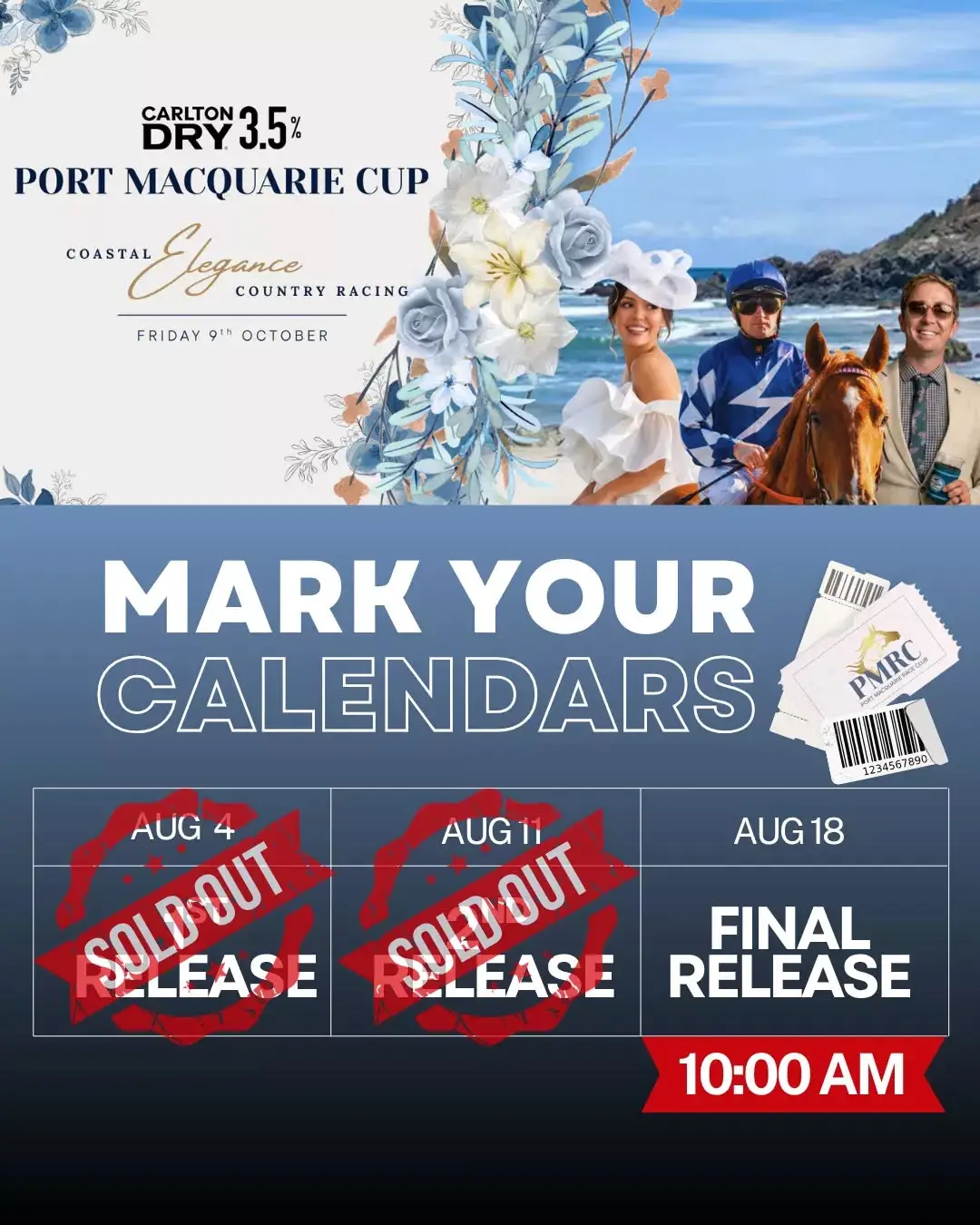 🔥 WOW — SECOND RELEASE SOLD OUT! 🔥

Missed out? Don’t worry — your final chance is coming!

🎟️ FINAL RELEASE TICKETS GO LIVE
📅 Tuesday 18th August
⏰ 10:00AM

With the first two releases selling out, don’t leave it too late. Get your crew organised and be ready when tickets go live!

🏇 Port Macquarie Cup 2026 — see you trackside!

#PortMacquarieCup #PortRacing #PortMacquarieRaceClub #FinalRelease #RaceDay